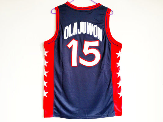 1996 Atlanta Olympics Team USA Dream Three Olajuwon USA No. 15 Dark Blue Embroidered Jersey