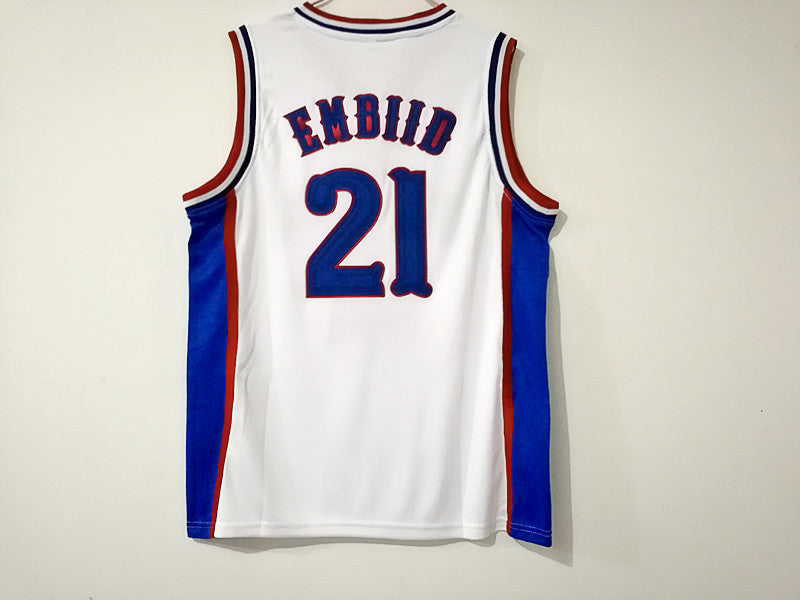 NCAA Kansas University No. 21 Joel Embiid white double-layer embroidered jersey