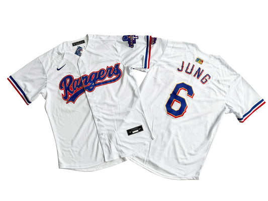 Men's Texas Rangers 6# Josh Jung White 2024 Gold Collection Limited Player Jersey