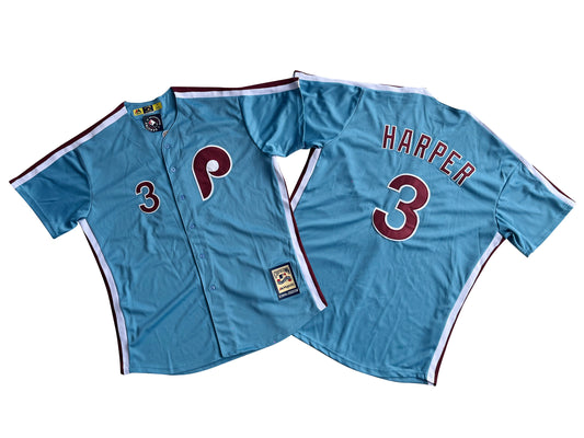 Men's Philadelphia Phillies #3 Bryce Harper Majestic MLB Cool Base Cooperstown Player Light Blue Jersey