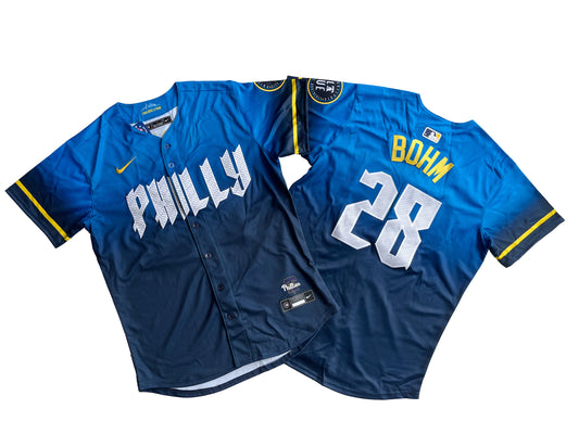 Philadelphia Phillies Alec Bohm #28 Blue 2024 City Connect Limited Player Jersey.