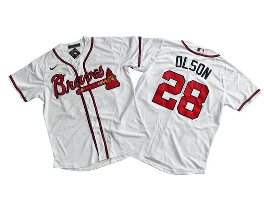 Men's Atlanta Braves 28# Matt Olson White Home Replica Player Name Jersey.