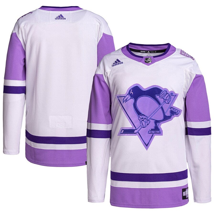 Herren Pittsburgh Penguins adidas Weiß/Lila Hockey Fights Cancer Primegreen Authentic Blank Übungstrikot